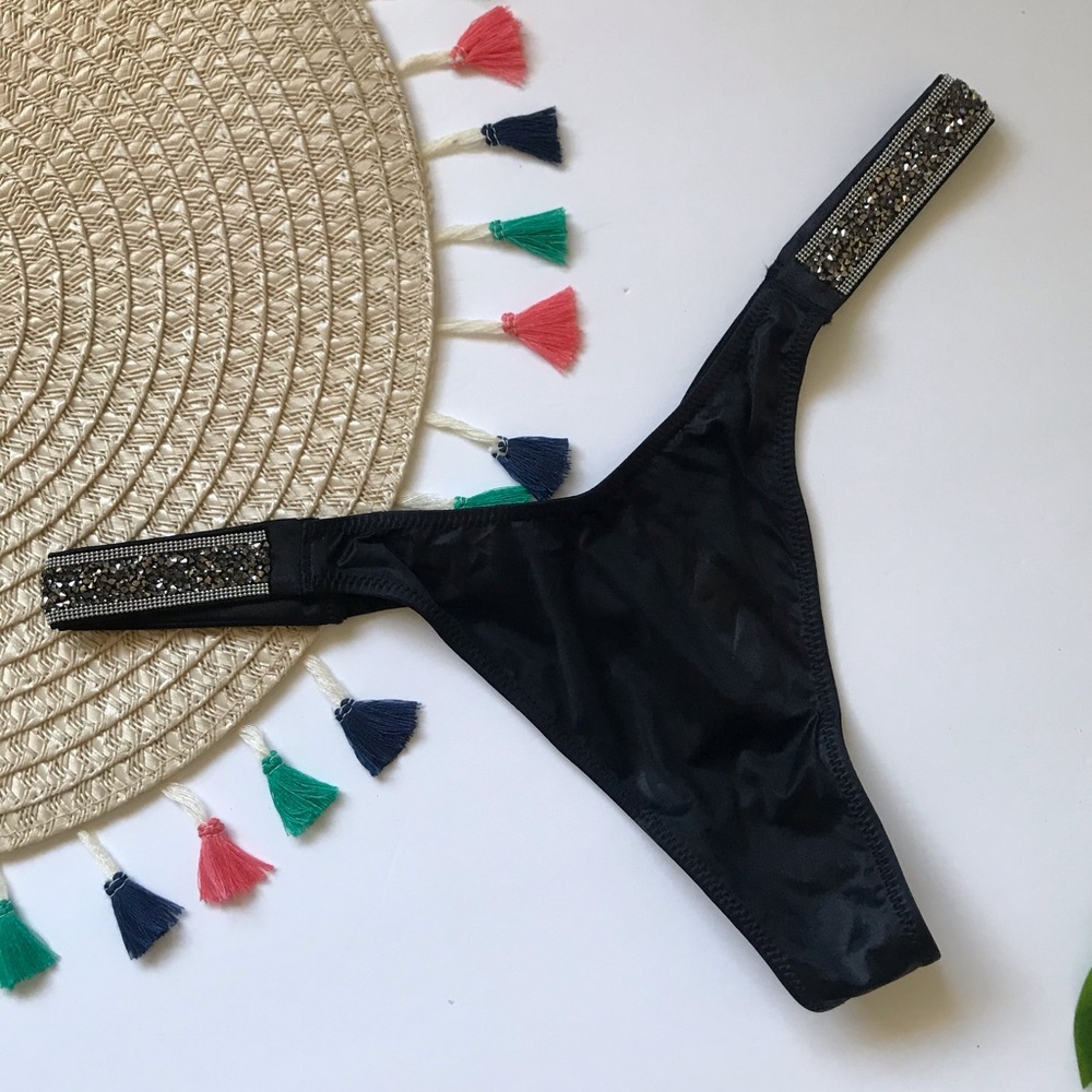 Victoria’s Secret Shine Strap Thong Panty Rhinestone Black XL NEW